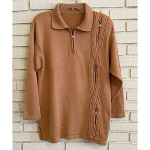 Vintage Peach Sweater Made in Italy Zipper Accents 100% Lucido Orly Fabric  sz L